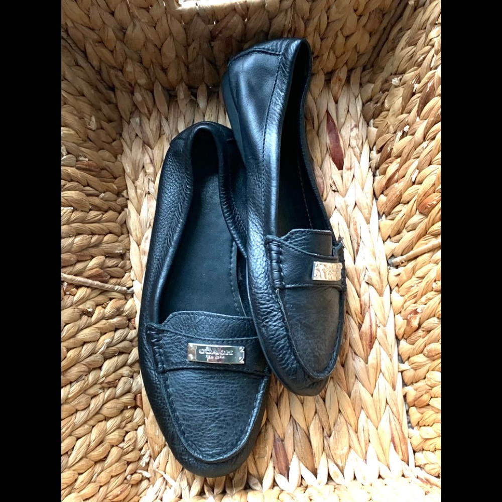 COACH 7.5B LOAFERS DRIVING SHOES BLACK LEATHER SIGNATURE